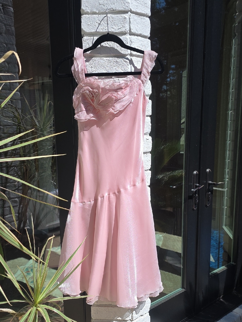 Pink Floral Applique Midi Dress with Wide Straps